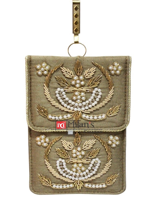 MILAN'S CREATION Exclusive Mobile Pouch Zardozi Hand Embroidery With Waist Clip Hook & Sling Chain (removable) | Ladies Women’s Handbag Wallet Sling Purse | Party Wedding Festival Giveaways Gift | (Antique Gold) - Image 1